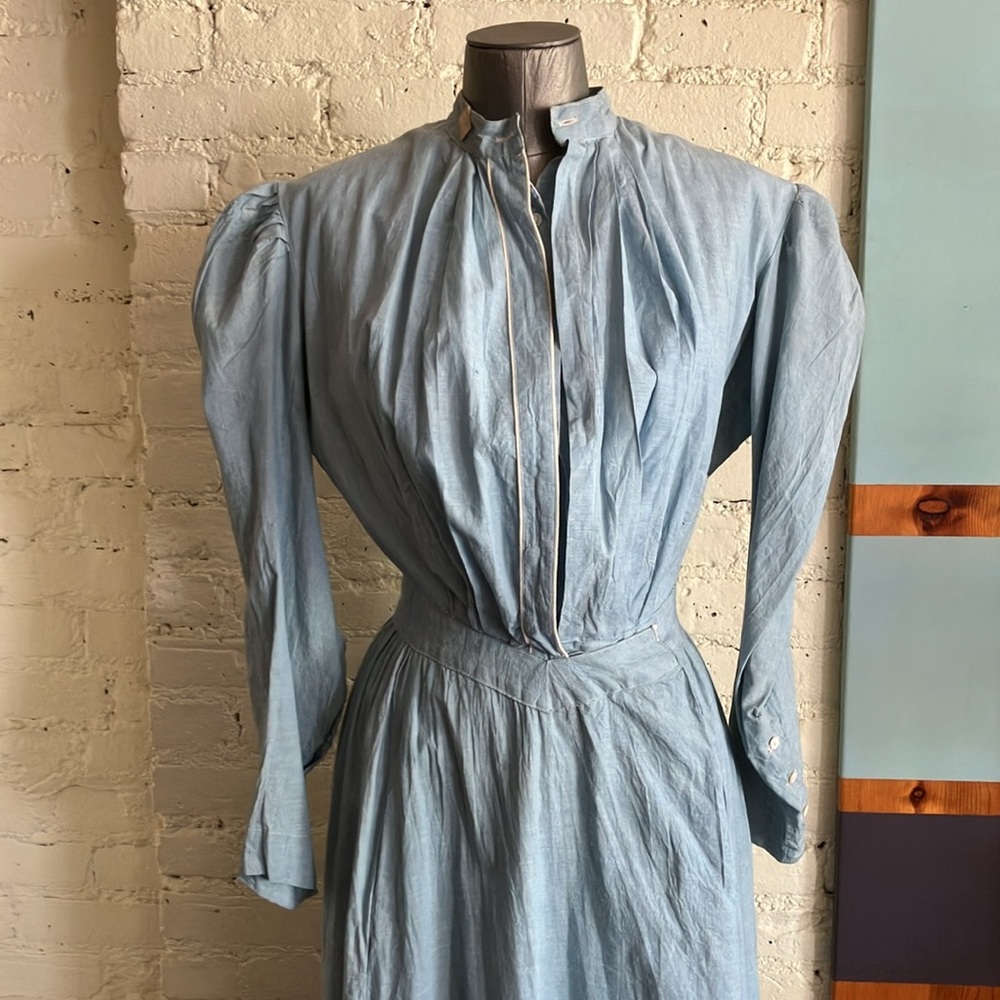 Dead stock antique blue cotton chambray long sleeve prairie dress size XS - Picture 2 of 16